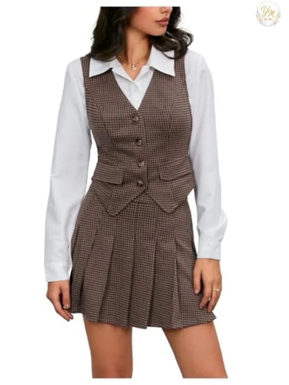 Women's Plaid 2 Piece Skirt Set Vest Top Pleated Mini Skirt Business Casual
